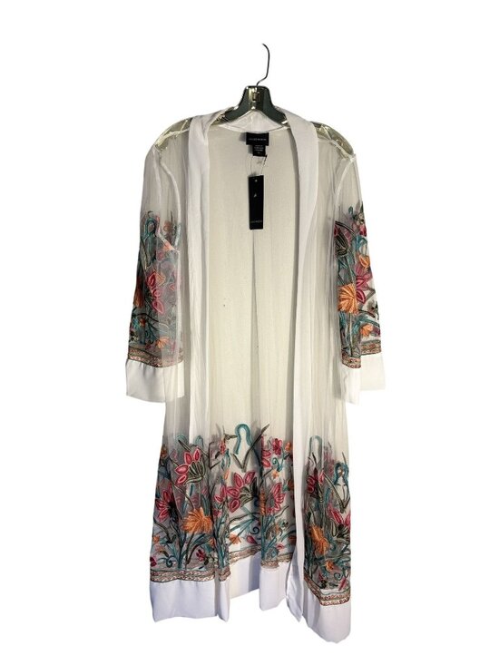 Liv Los Angeles Other - Floral Embroidered Sheer Kimono Cover-Up With White Hem & 3/4 Sleeves - XL